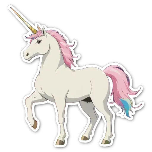 A white unicorn with pink and blue feet standing on a black and white background.