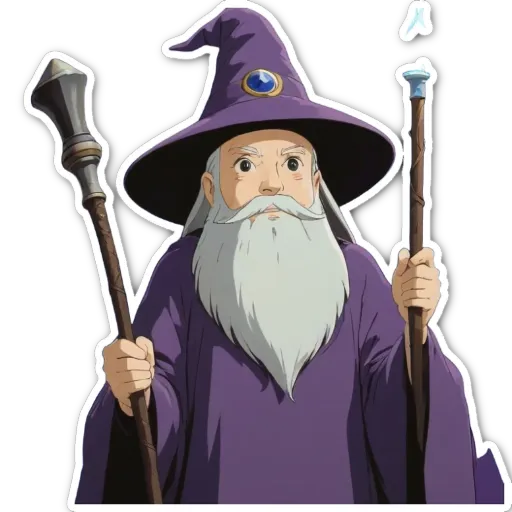 An old man with a purple robe and a hat that looks like a wizard.