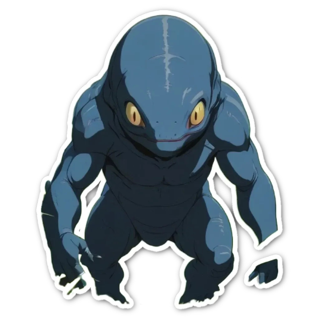 A blue creature with yellow eyes that is bent over.