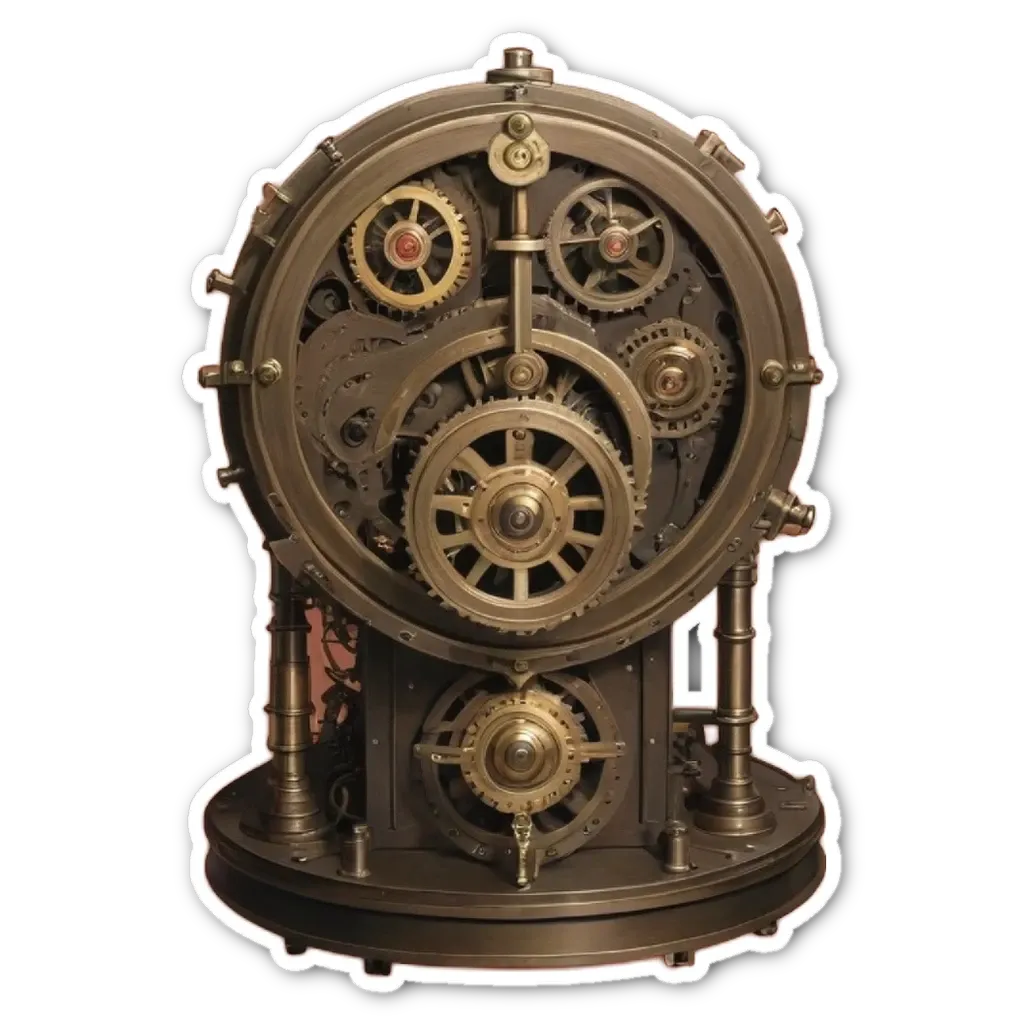 A black and gold mechanical clock with several gears.