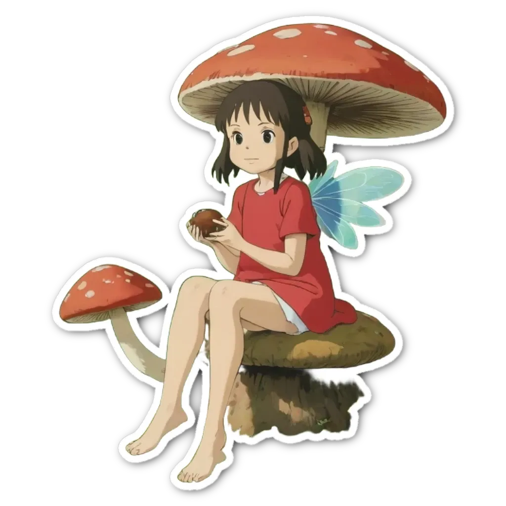 A girl with a mushroom hat is holding a mushroom.