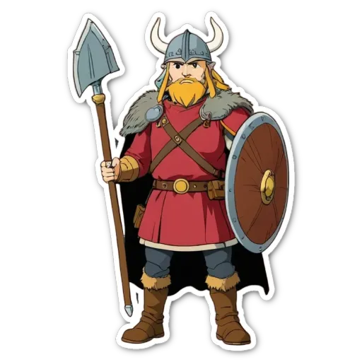 A cartoon drawing of a viking man with a shield.