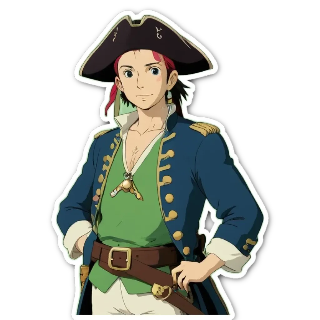 A man wearing a green and blue jacket with a pirate hat on.