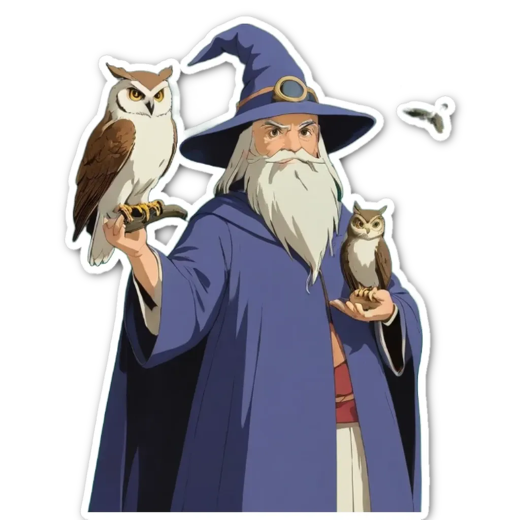 An old man with two owls is wearing a blue robe.