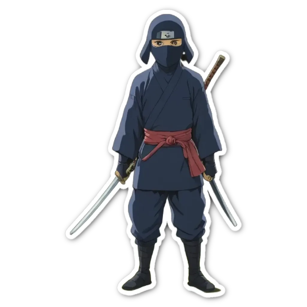 A sticker of a person who looks like a ninja holding two swords.