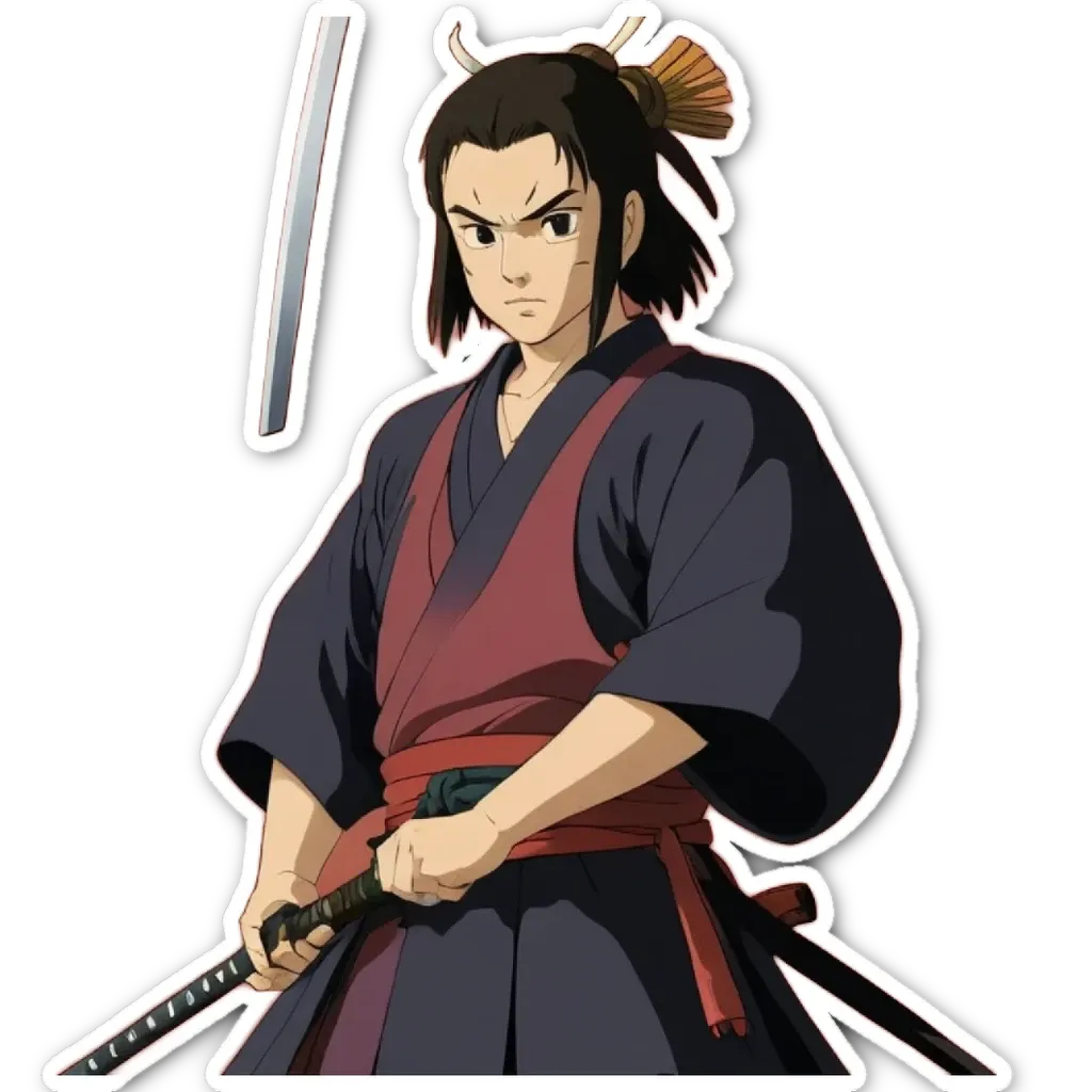 An anime style drawing of a man with a katana sword.