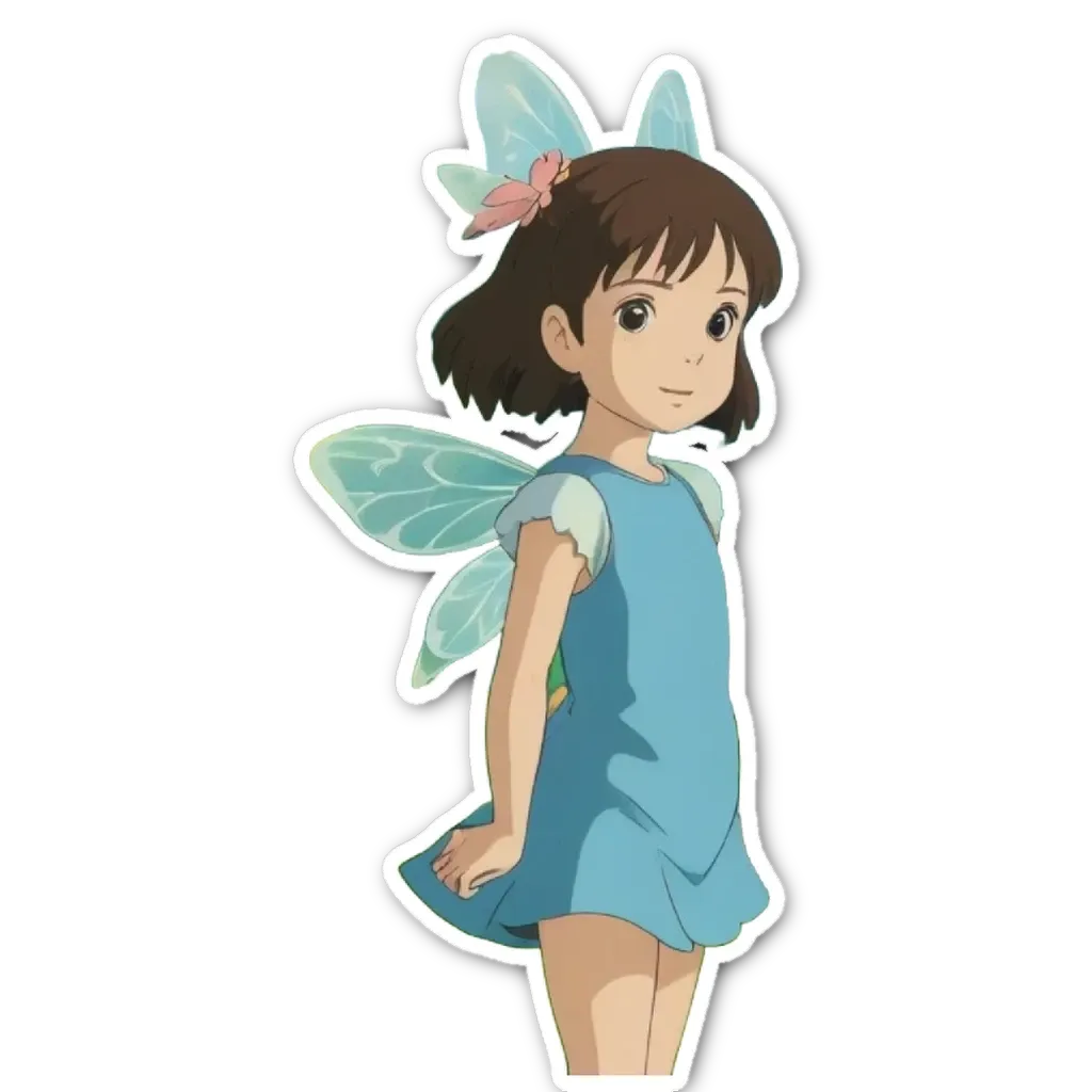 A girl with blue dress and wings that are painted on sticker.