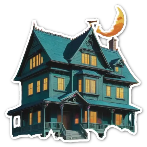 A sticker of a moonlit house with a crescent.