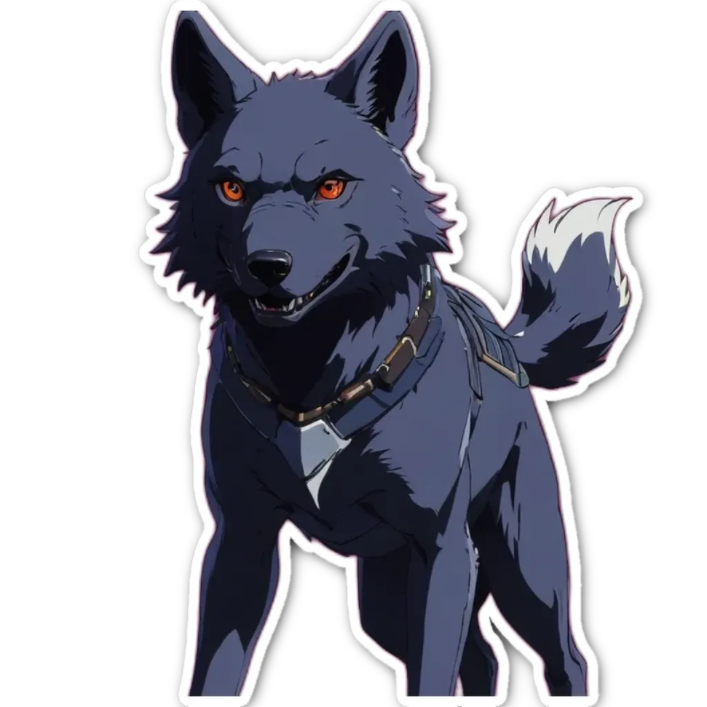 A sticker of a wolf with red eyes.