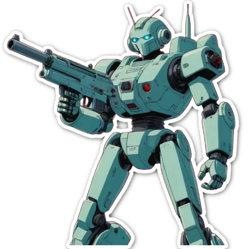 A green robot with a gun it is holding.