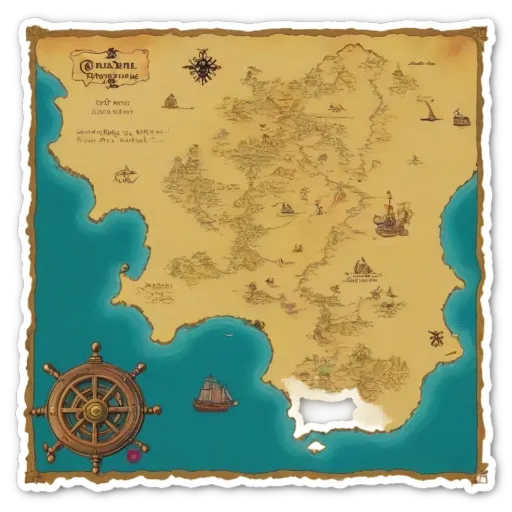 A pirate map with a compass and ships on it.