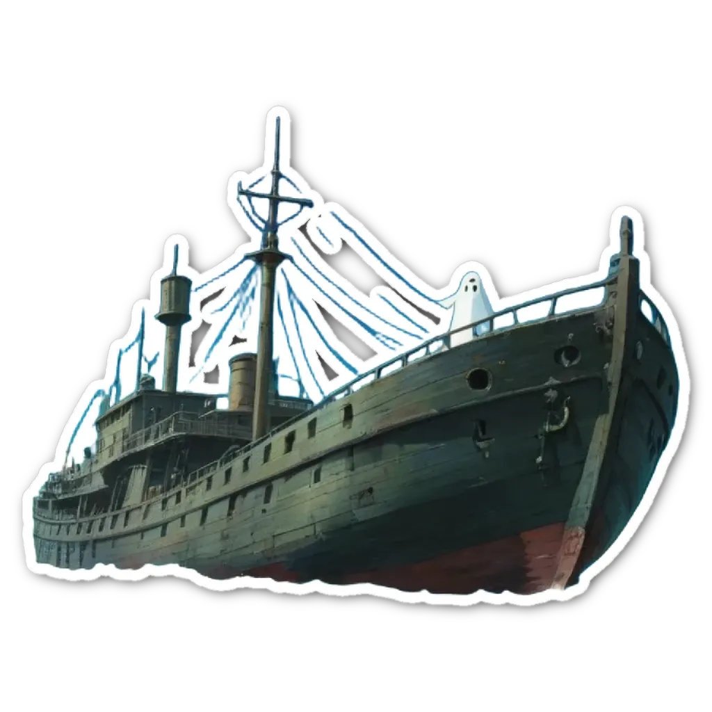 A sticker of a ship that has a ghost on board.