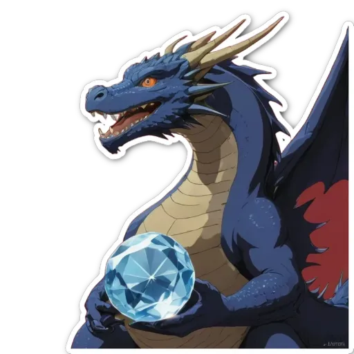 A blue and gold dragon holding a diamond.