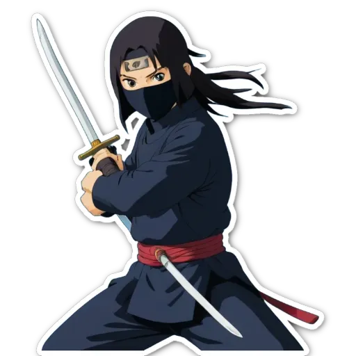 A sticker of a person with a katana that is holding it.