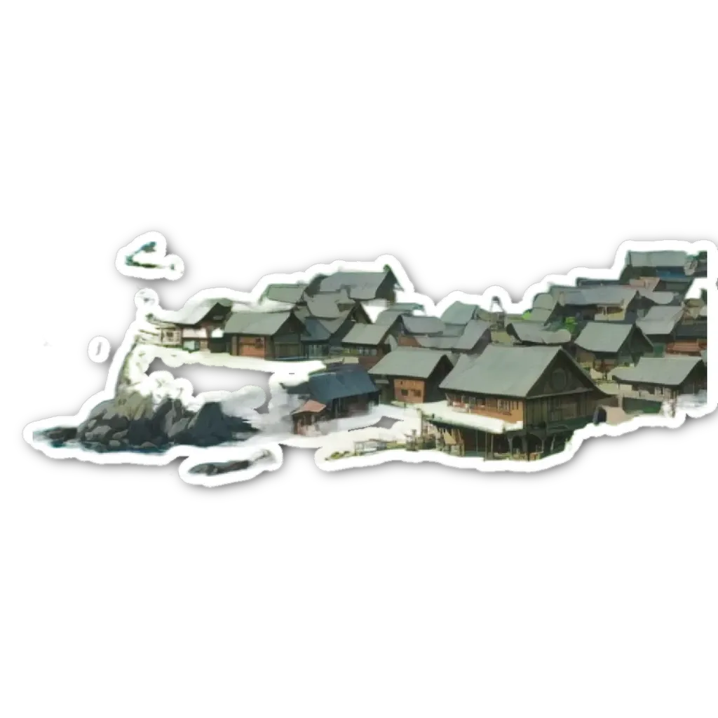 A sticker of a village with a river in the background.