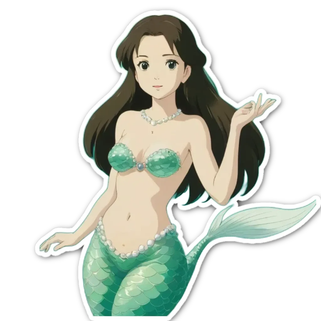 A sticker of a girl in a green mermaid bikini showing only her torso.