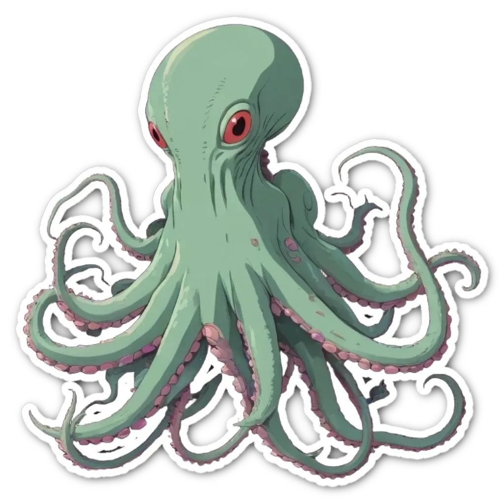 A green octopus with red eyes is drawn on a black background.