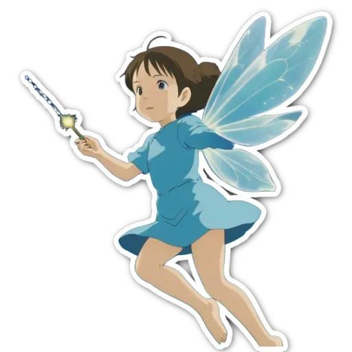 A blue dress with wings is holding a wand in front of a background.