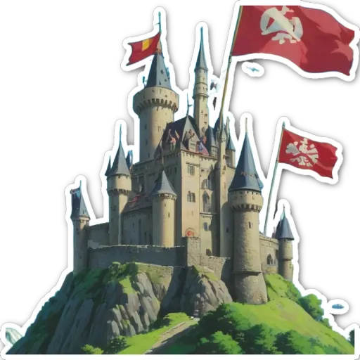 A castle with flags on top of it.