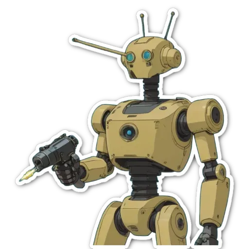 A robot holds a gun and is pointing it at something.