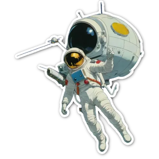 A space man in a white uniform is holding onto a tether and flying through the air.