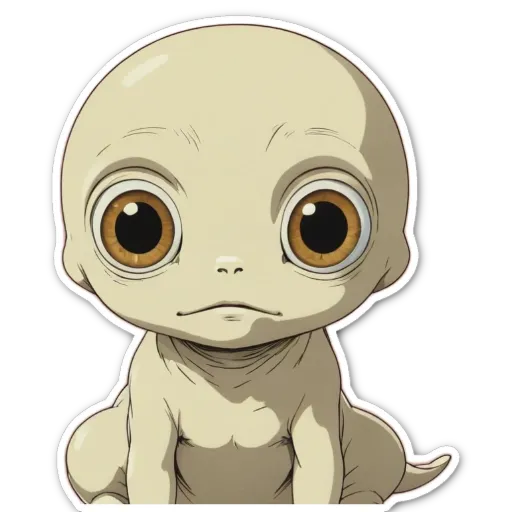 A sticker of a alien child that is emotionless.