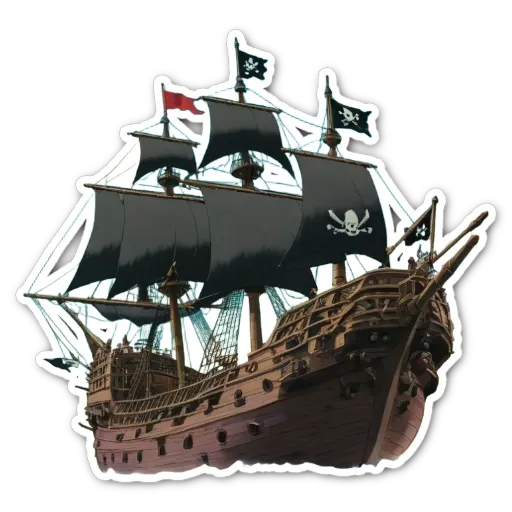 A sticker of a ship with the pirate flag on the front.