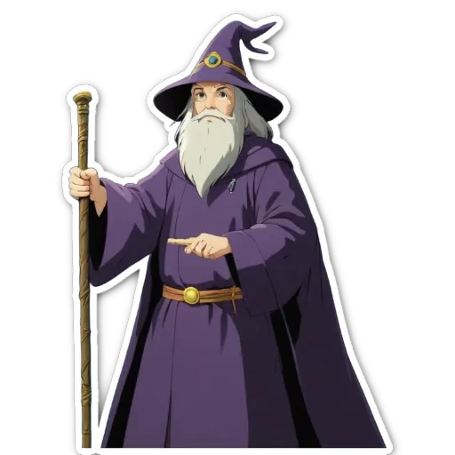 An old man with a staff and wearing a purple robe.