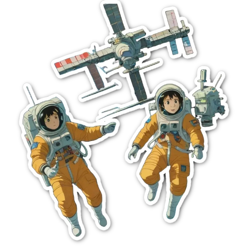 Two people in space with a space station in the background.