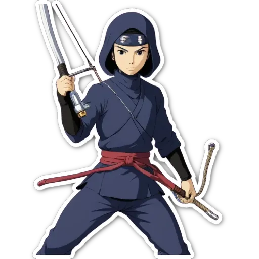 A person in a blue outfit with a belt and holding a sword.