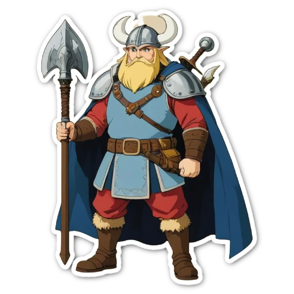 A cartoon drawing of a viking man with a staff and blue clothing.