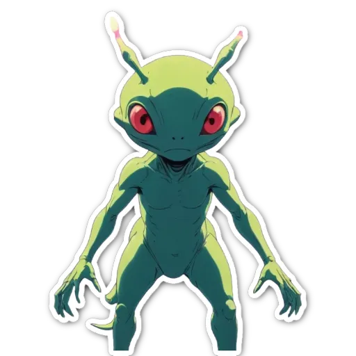 A green alien with red eyes standing up.