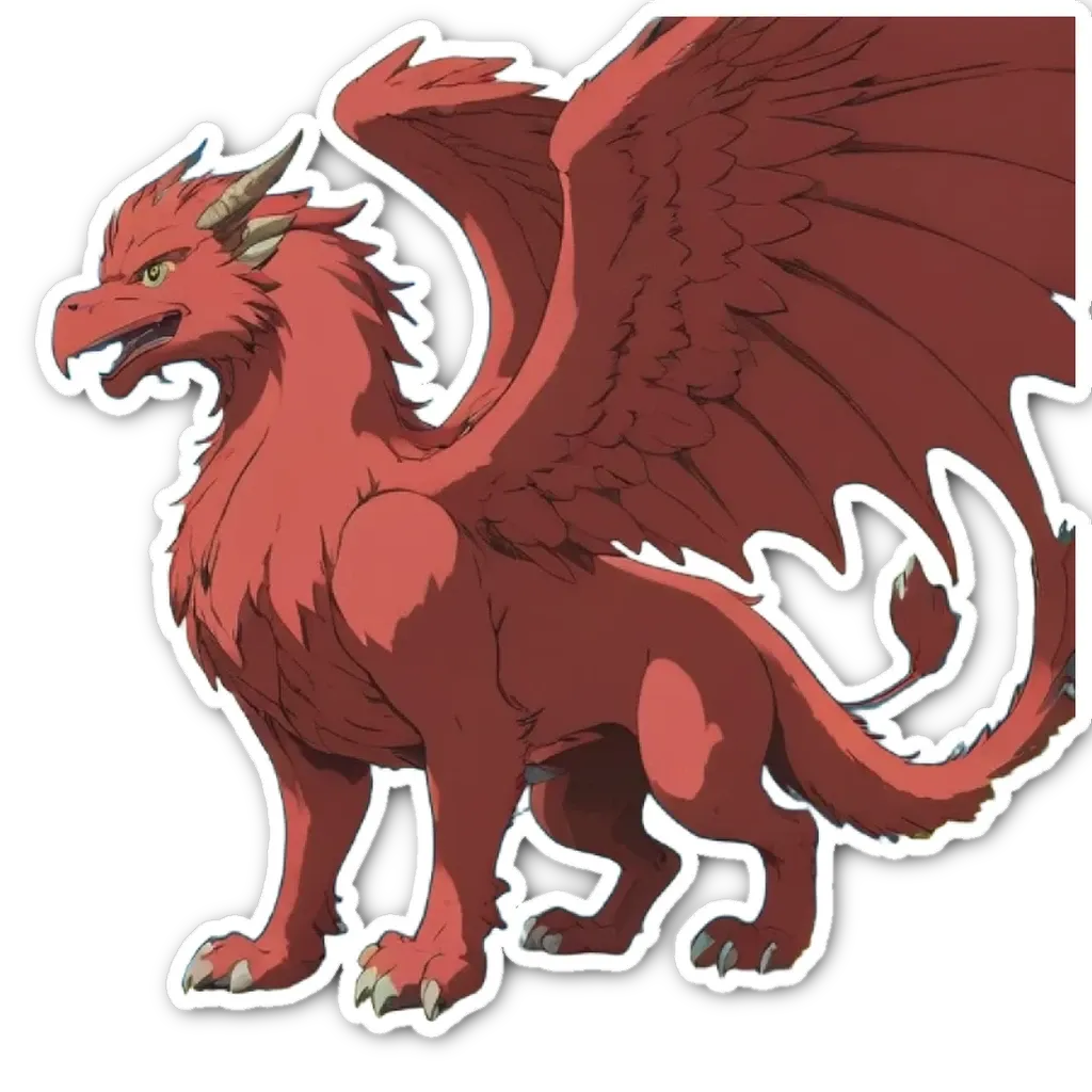 A red bird with wings and a dragon sticker.