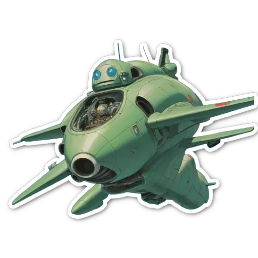 A green colored airplane with two small robots as passengers.