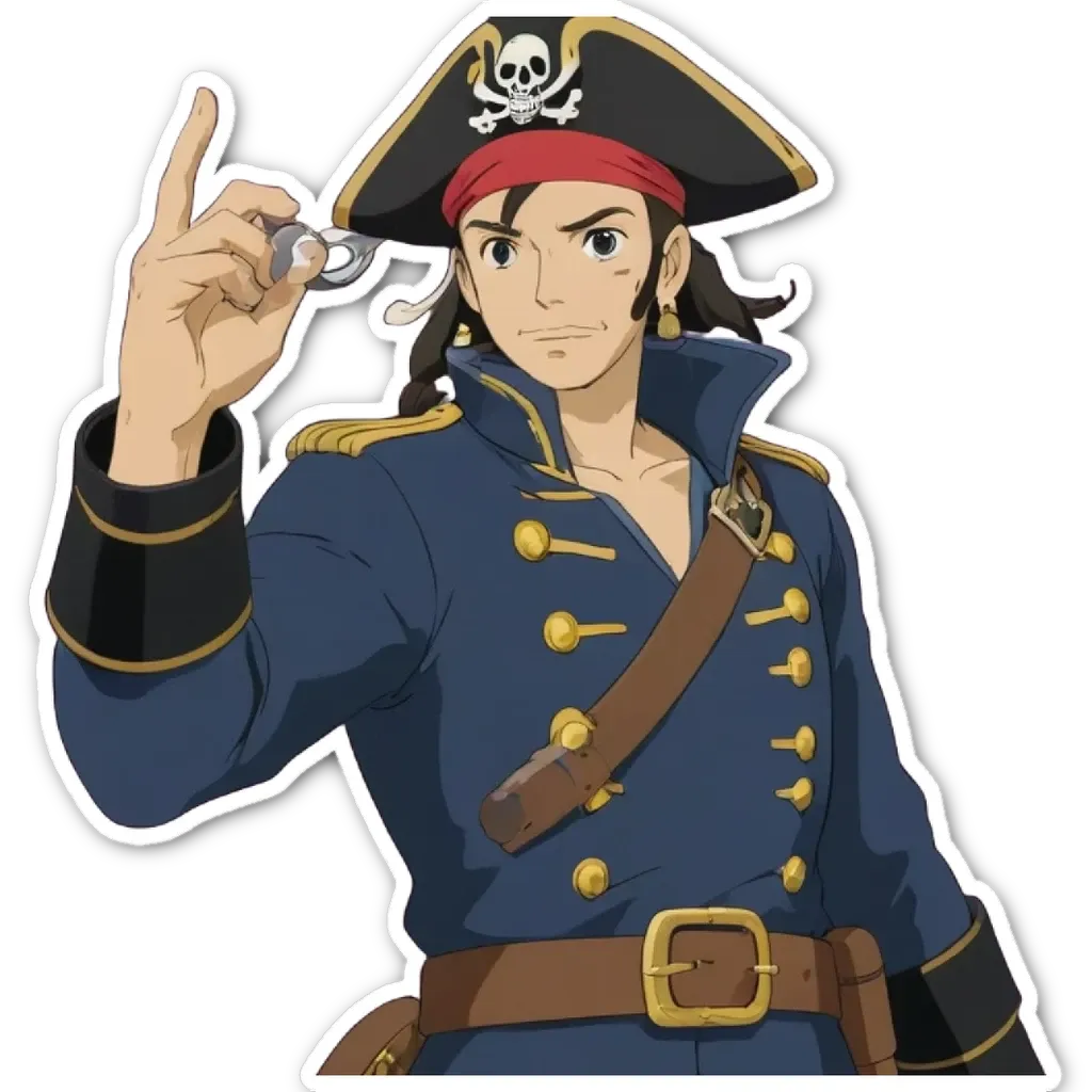 A man in a pirate costume holding a key in his right hand.