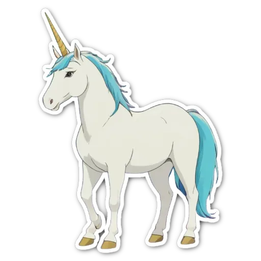 A white unicorn with blue eyes and blue hair.