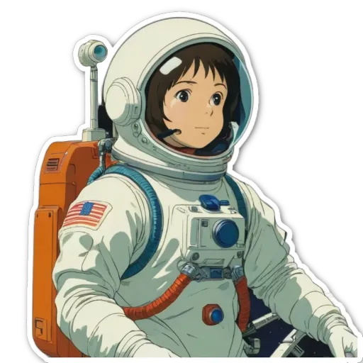 A sticker of a woman in an orange space suit that is wearing the United States flag on her back.