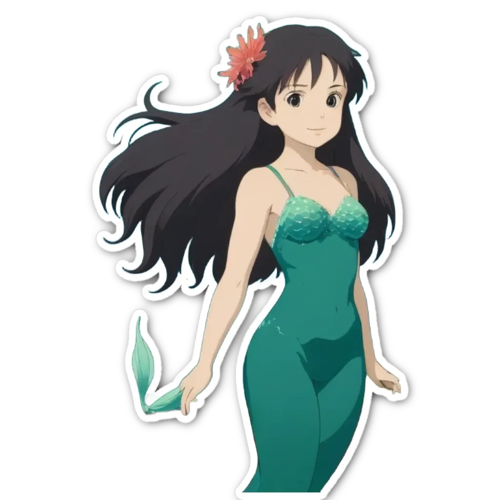 A sticker of a girl that has a tail and is wearing a mermaid costume.