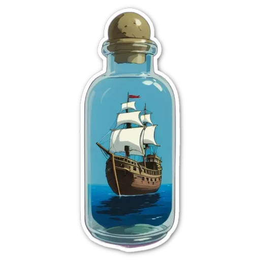 A bottle with a cartoon sailboat in it is sealed.