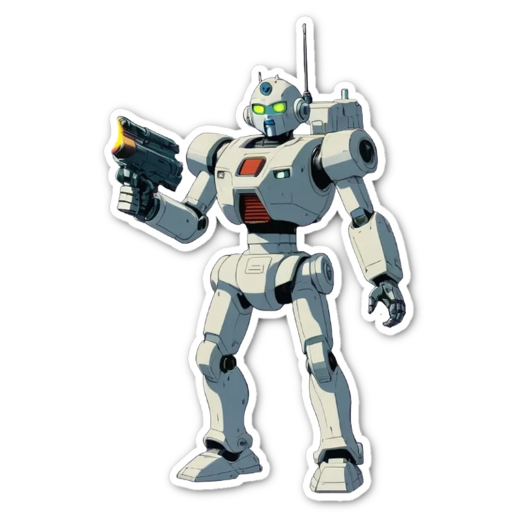 A white robot with a gun is holding a radio control in its hand.