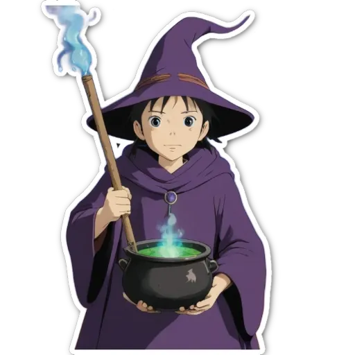 A young girl with a purple robe and a pointy hat holding a cauldron.