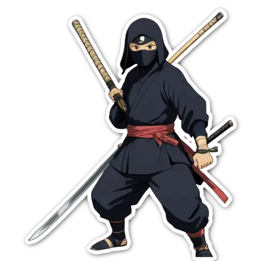 A cartoon depiction of a person who looks like a ninja holding two swords.