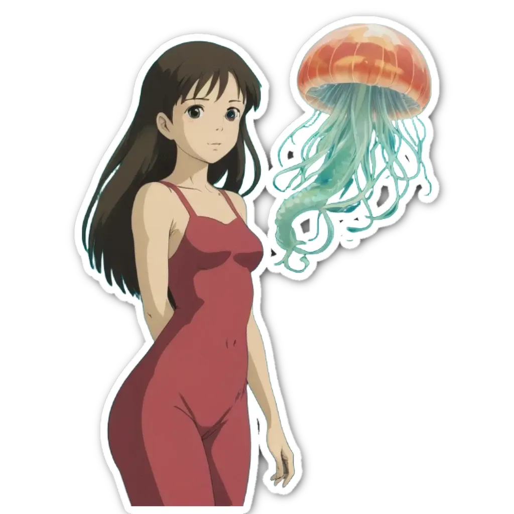 A girl holding a jellyfish is in a red bathing suit.