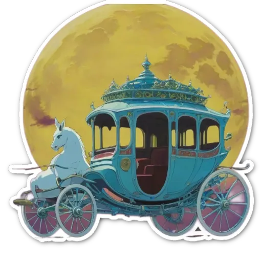 A blue horse-drawn carriage with a full moon in the background.