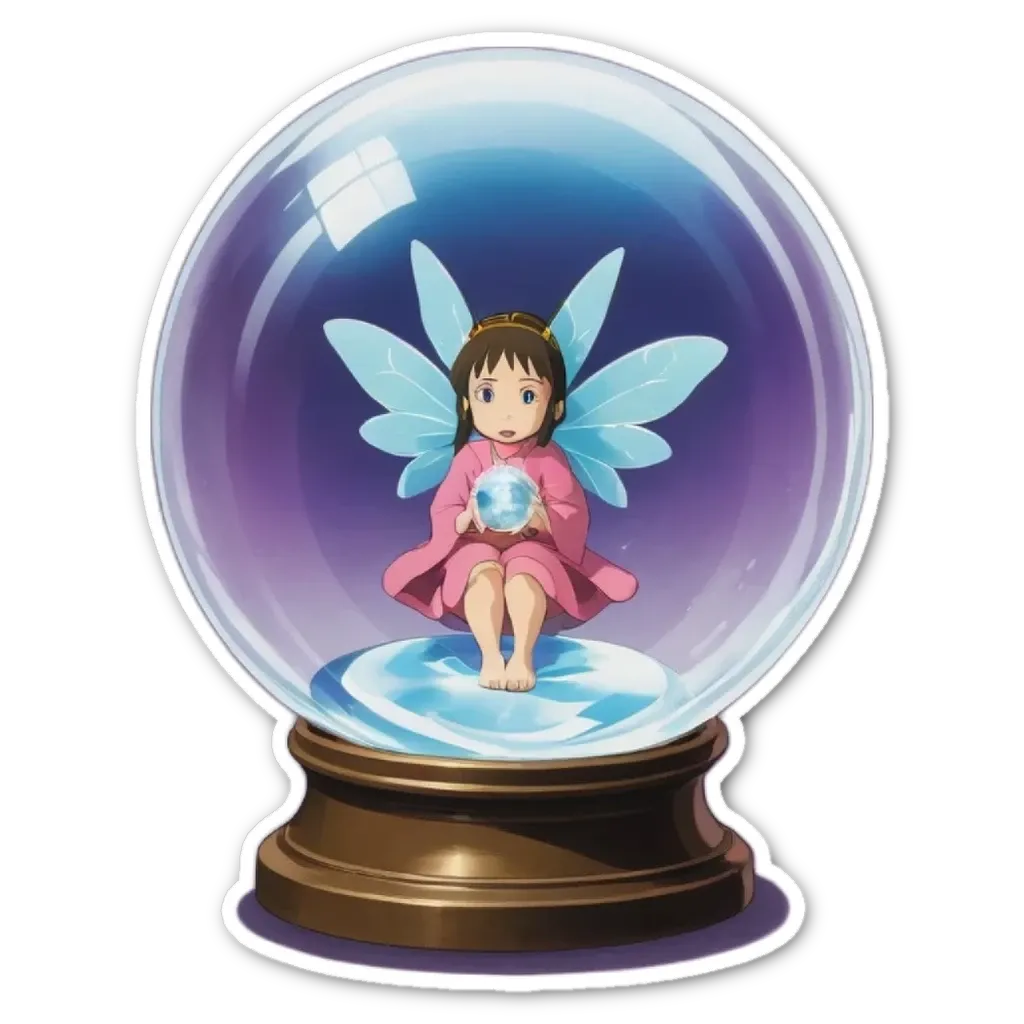 A sticker of a girl who has a ball of light in her hand.