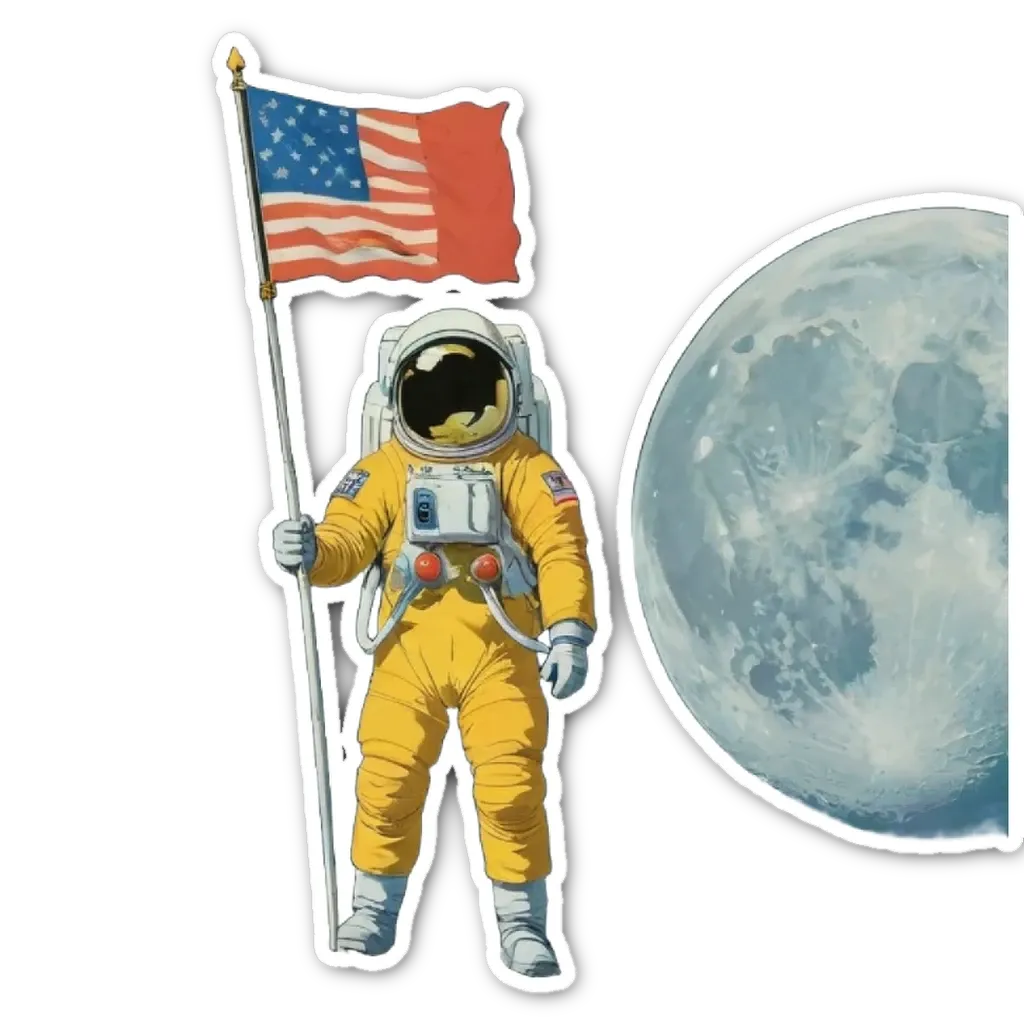 An American flag is being held by a space man.