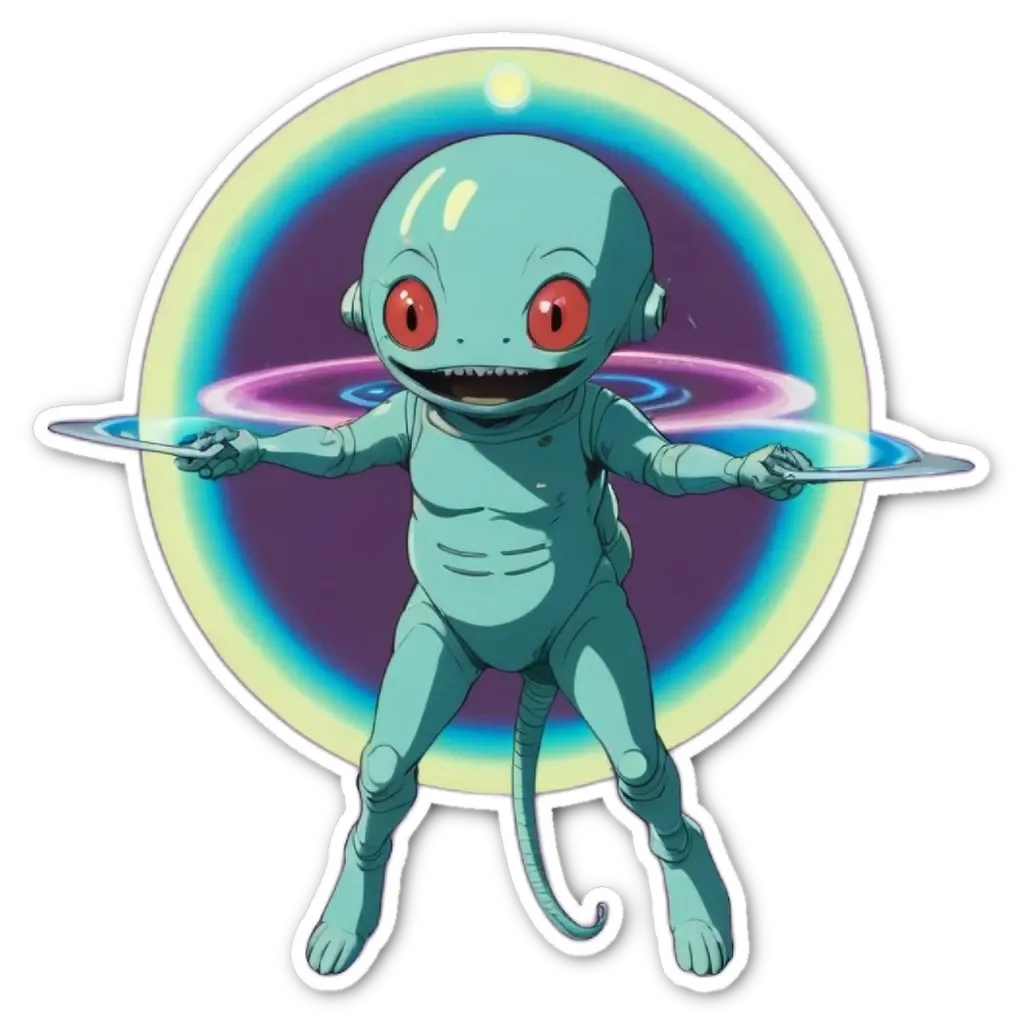 A green alien that is holding two frisbees and standing in a circle.