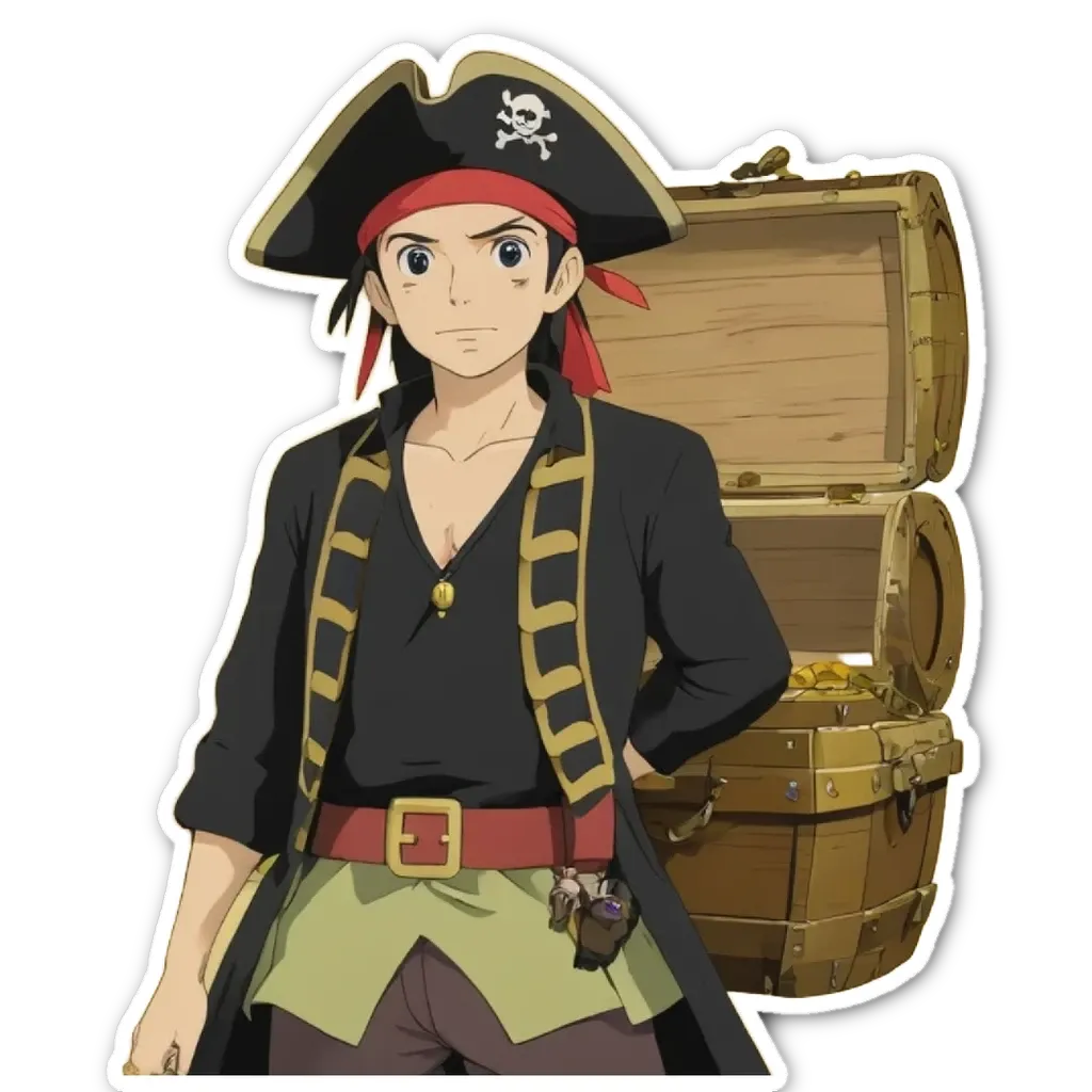 A boy in a pirate costume standing next to a chest.