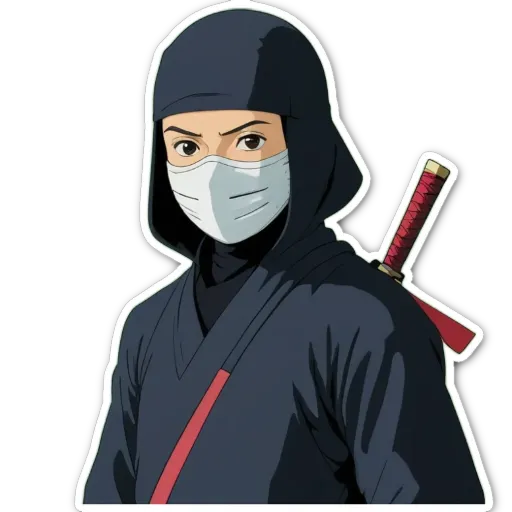 A cartoon depiction of a person with a black mask and a sword.