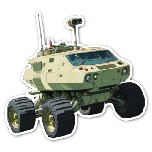 A military vehicle with four big tires that is part of a sticker collection.